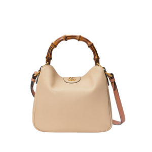 Light beige leather handbag with brown leather trim